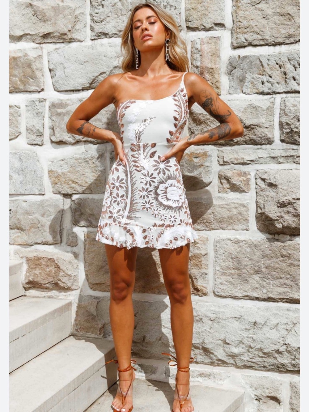 Angel Biba White Mini Dress with Brown Floral Lace